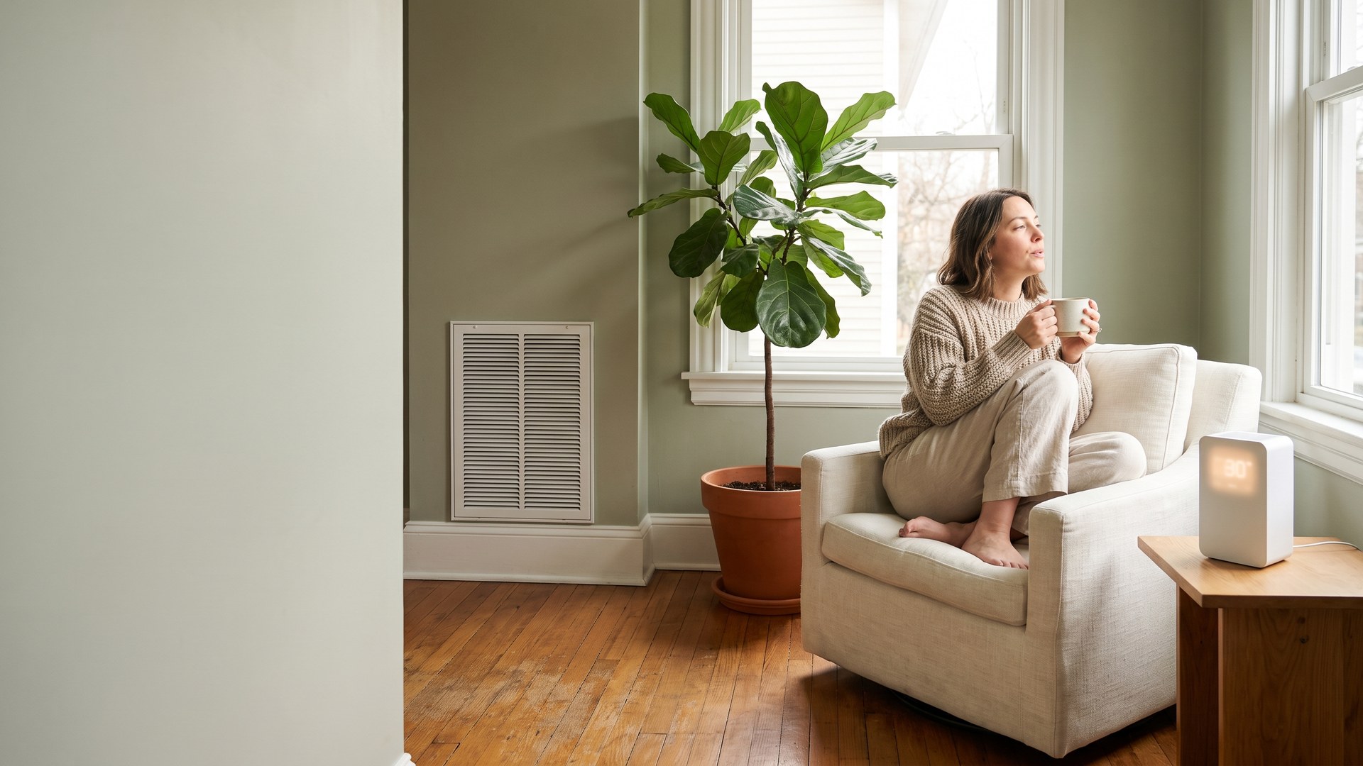 A woman relaxing with a mug by a bright window in a calm living room, with an indoor air-quality monitor on the side table and a return vent on the wall