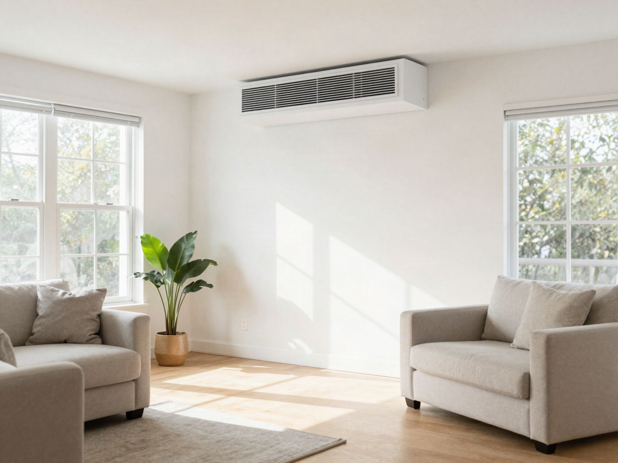 Bright, well-kept living room with a clean wall-mounted air vent