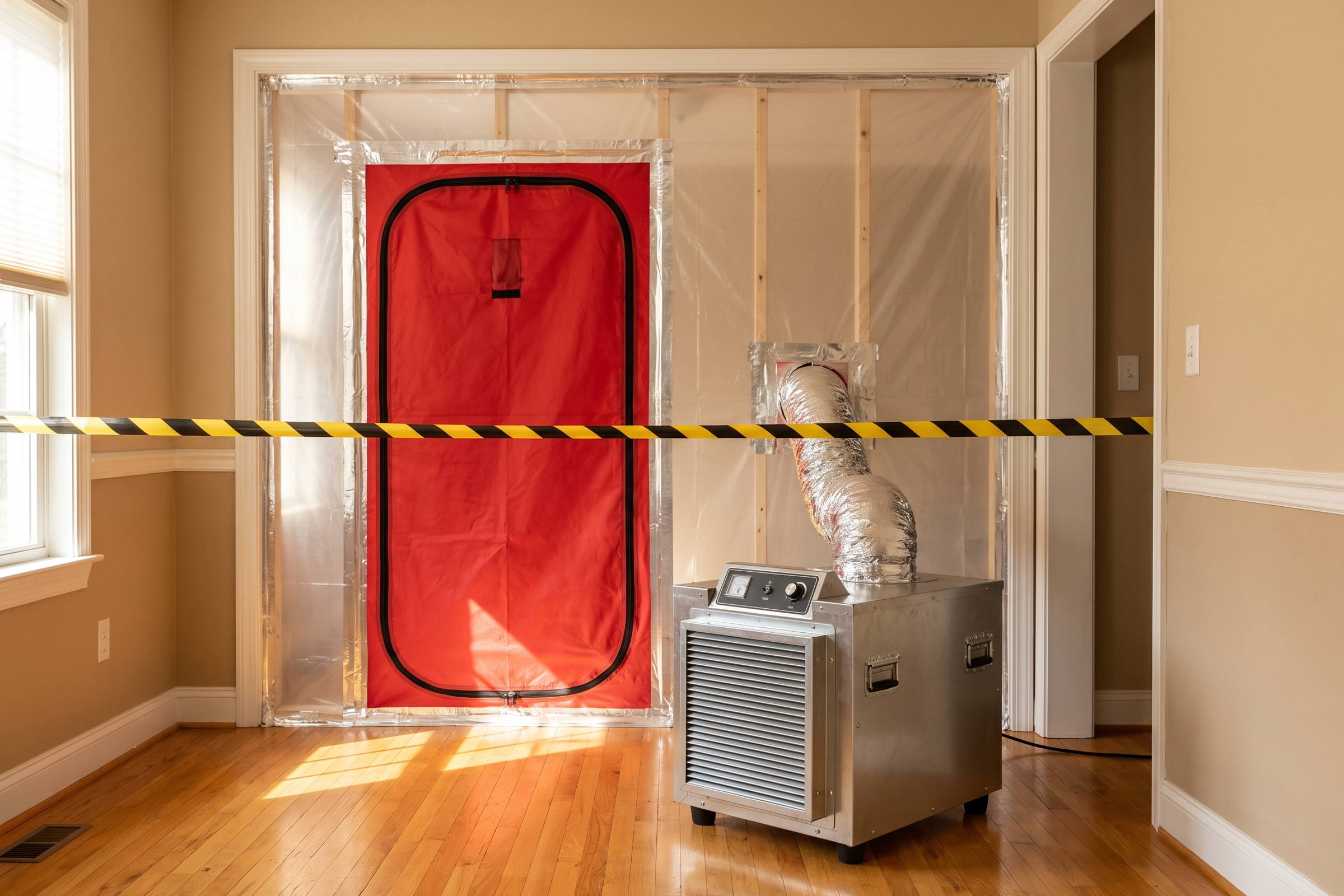 Poly containment with a zippered entry and a HEPA negative-air machine set up inside a home