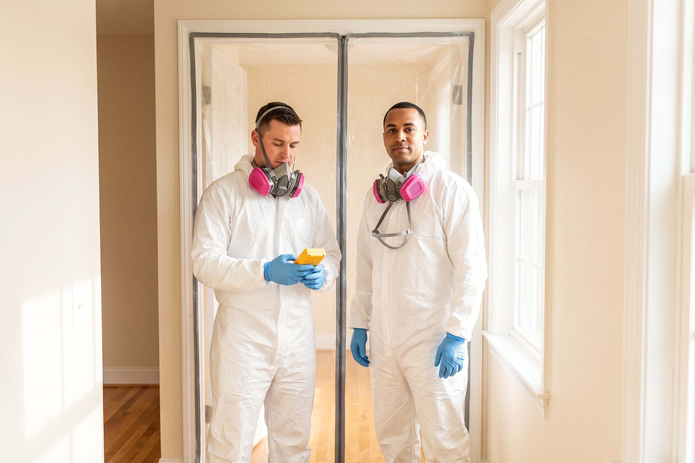 Two NY Mold & Clean Air Solutions technicians in protective suits and respirators at a zippered containment doorway